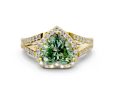 Yellow gold Fancy Green Heart  Halo Split Shank Diamond Ring with Prong Setting