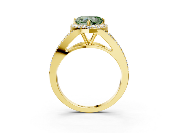 Yellow gold Fancy Green Heart  Halo Split Shank Diamond Ring with Prong Setting