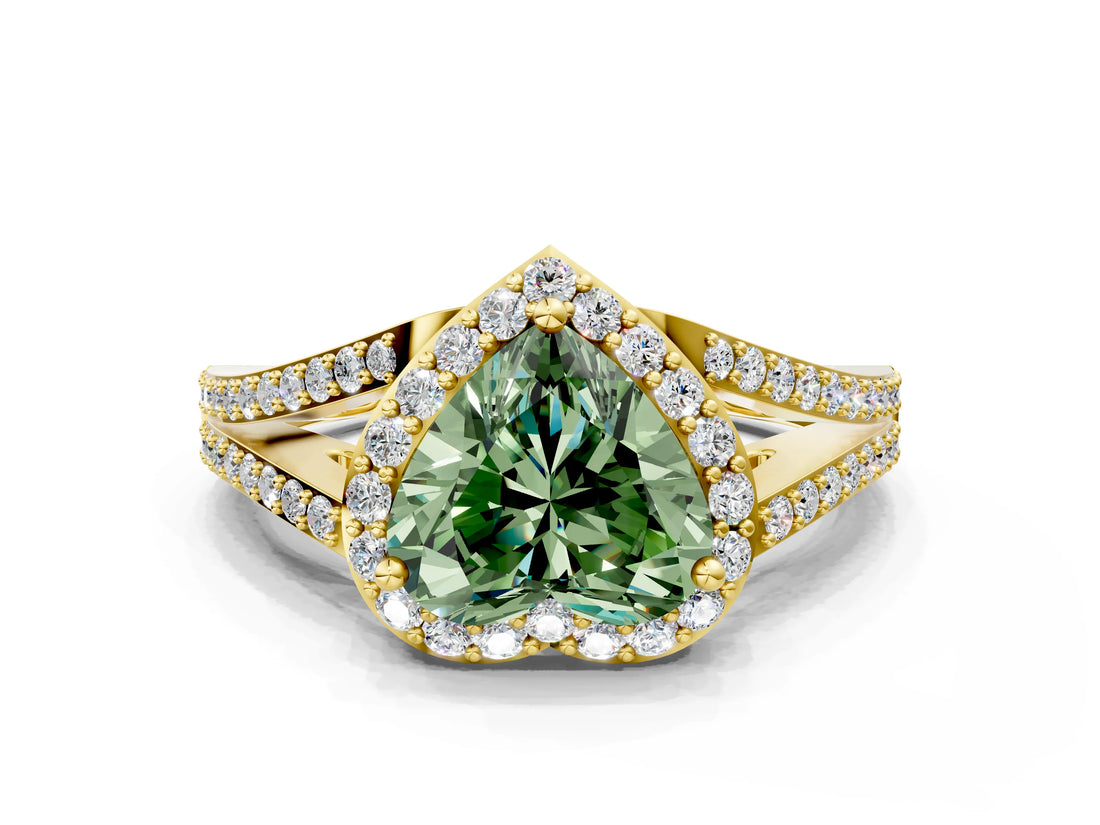 Yellow gold Fancy Green Heart  Halo Split Shank Pave Diamond Ring with Four-Prong Setting_29