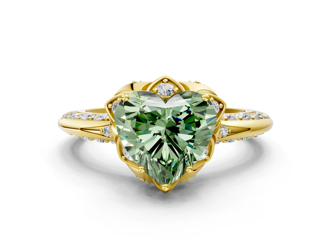 Yellow gold Fancy Green Heart  Halo Split Shank Pave Diamond Ring with Petal Prong Setting_20