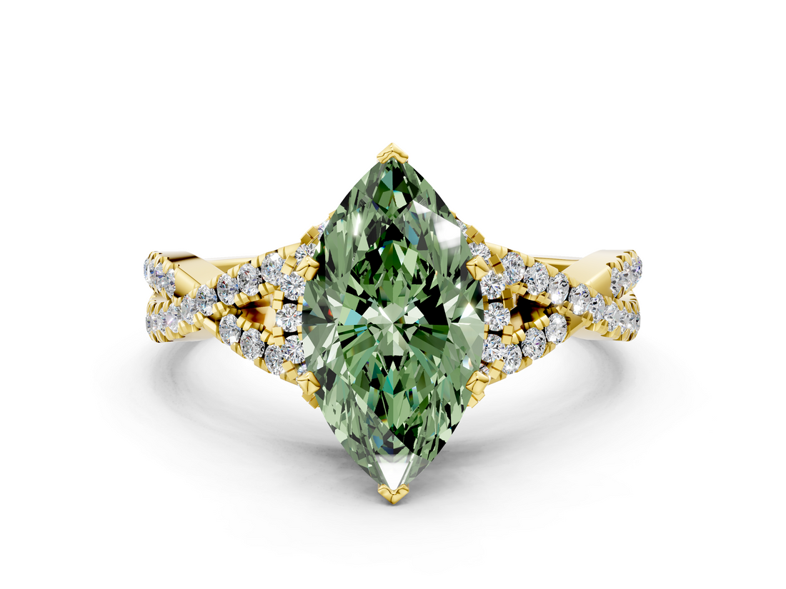 Yellow gold Fancy Green Heart  Halo Twist Band Solitaire Prong Setting Ring