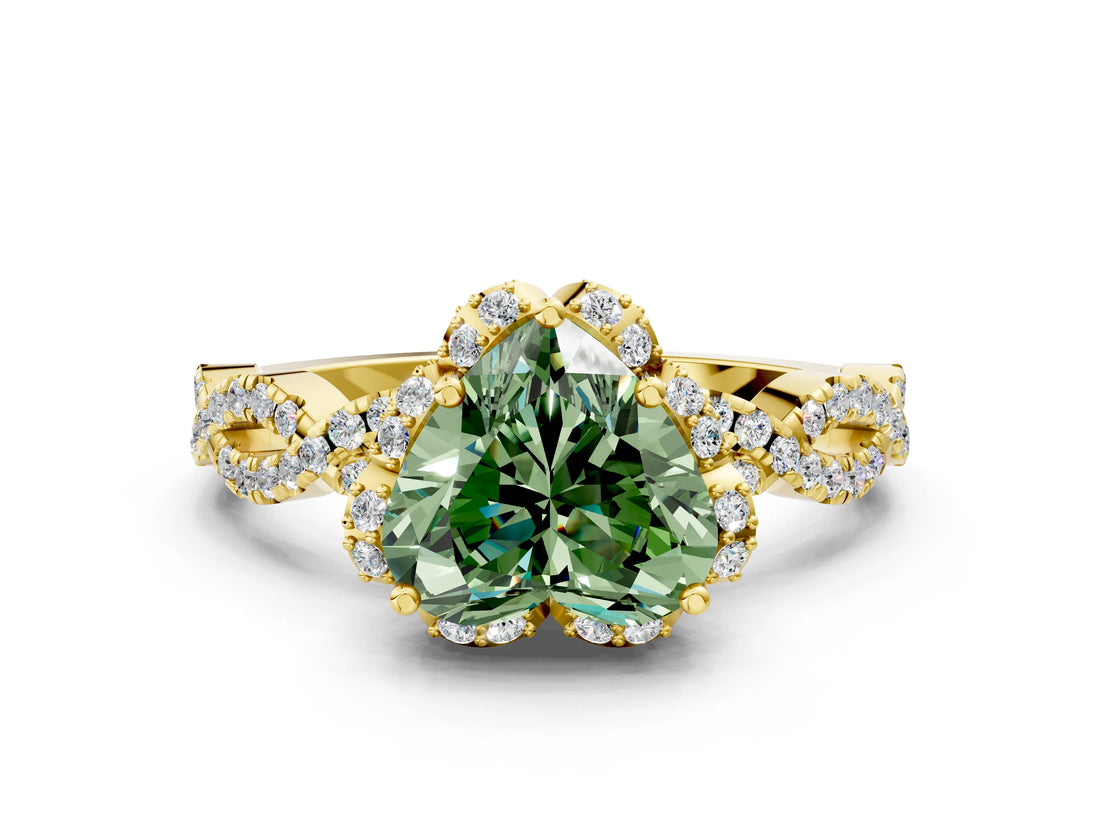 Yellow gold Fancy Green Heart  Halo Twist Band Solitaire Ring with Six-Prong Setting_33