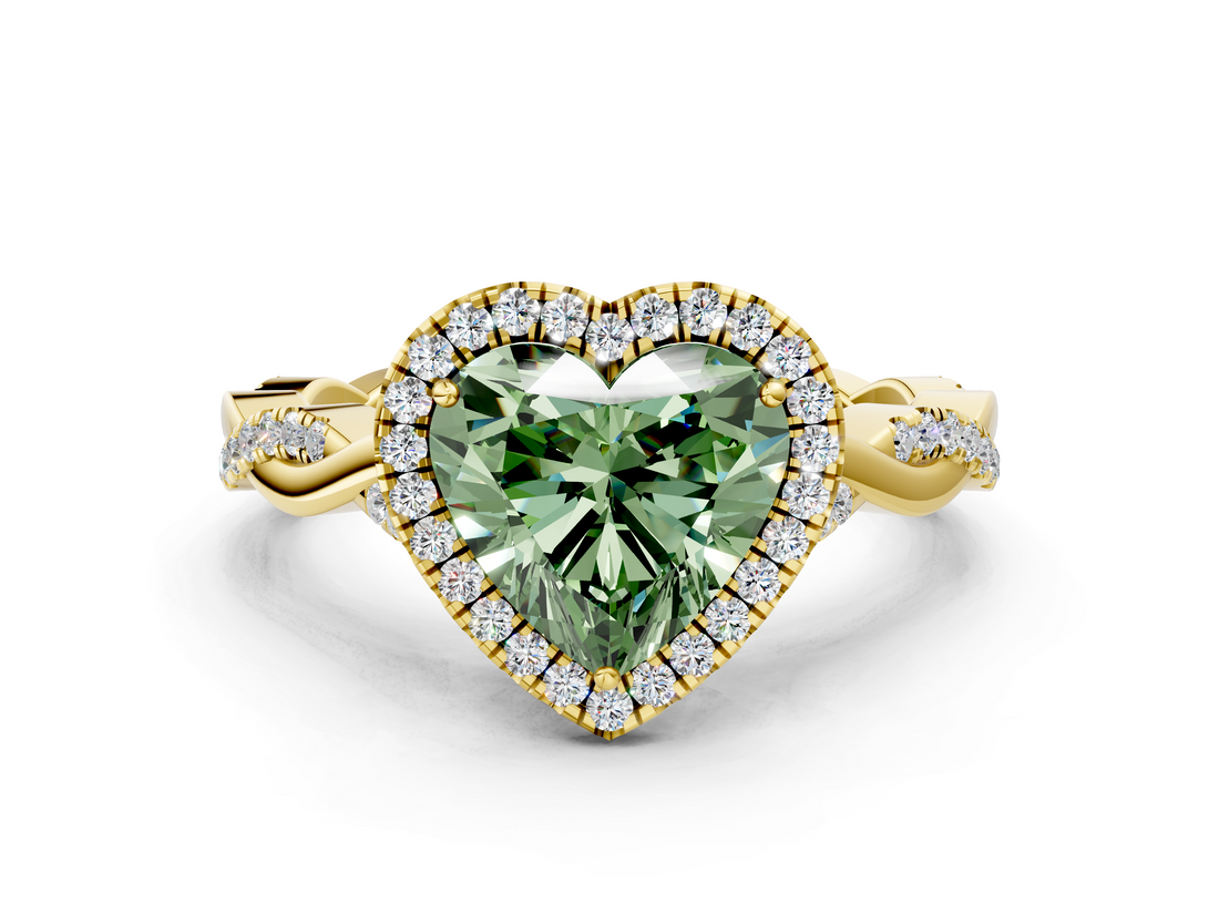 Yellow gold Fancy Green Heart  Halo Twist Band Solitaire Ring