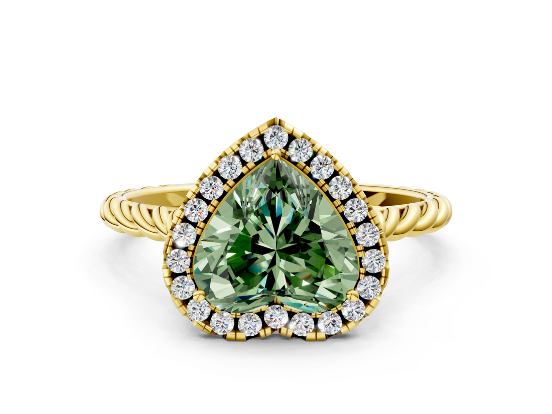 Yellow gold Fancy Green Heart  Halo Twisted Band Four-Prong Diamond Ring