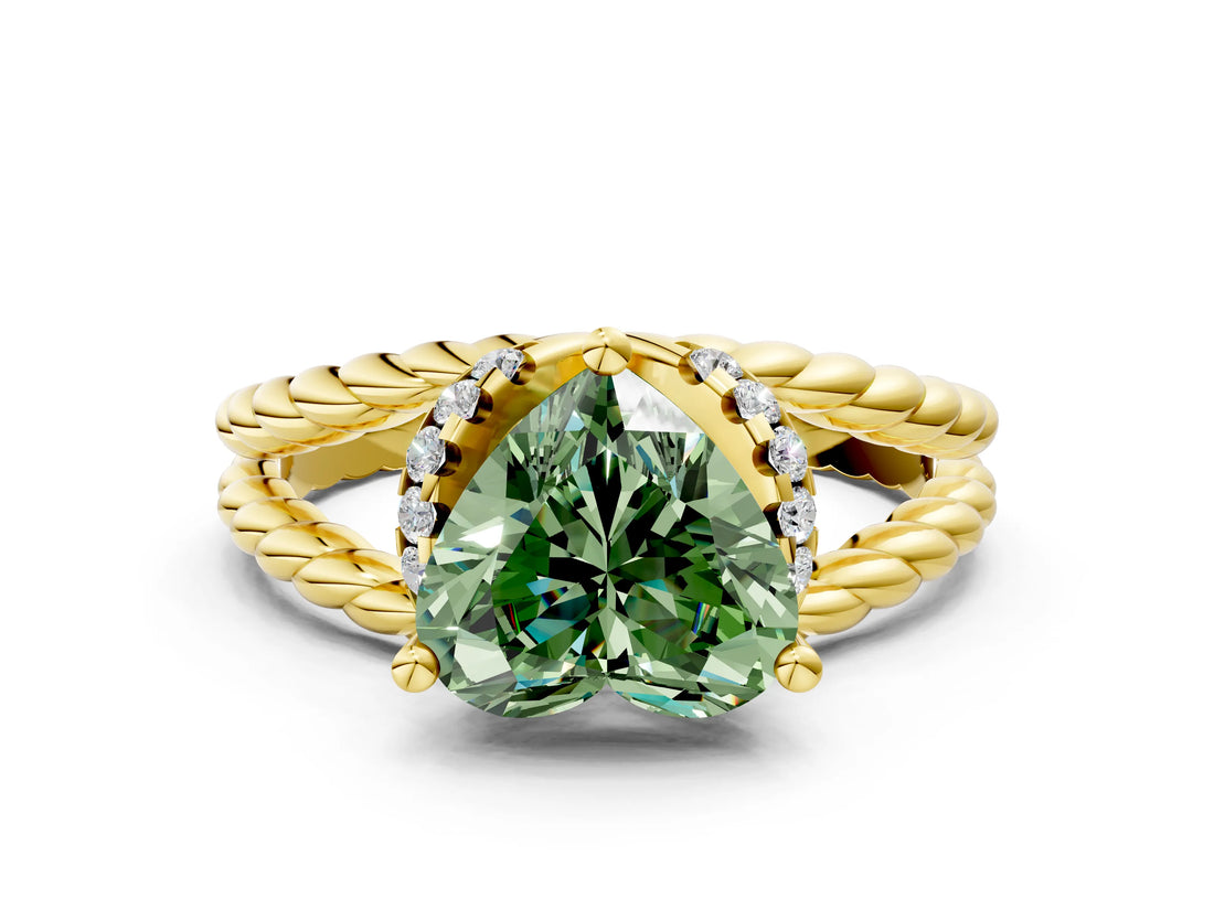 Yellow gold Fancy Green Heart  Halo Twisted Band Four-Prong Ring_32