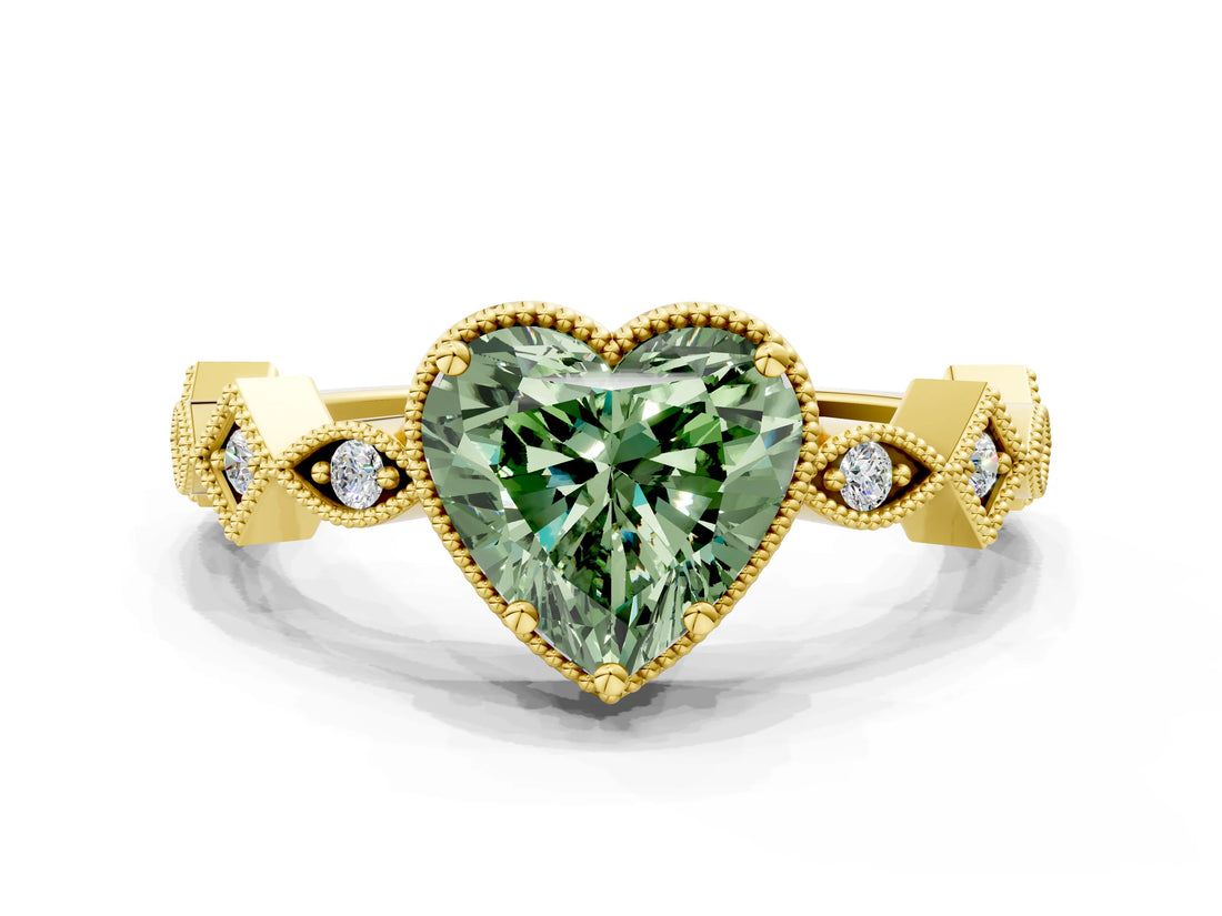 Yellow gold Fancy Green Heart  Milgrain Marquise Diamond Twist Band Ring_65