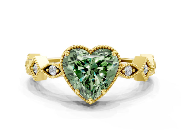Yellow gold Fancy Green Heart  Milgrain Marquise Diamond Twist Band Ring