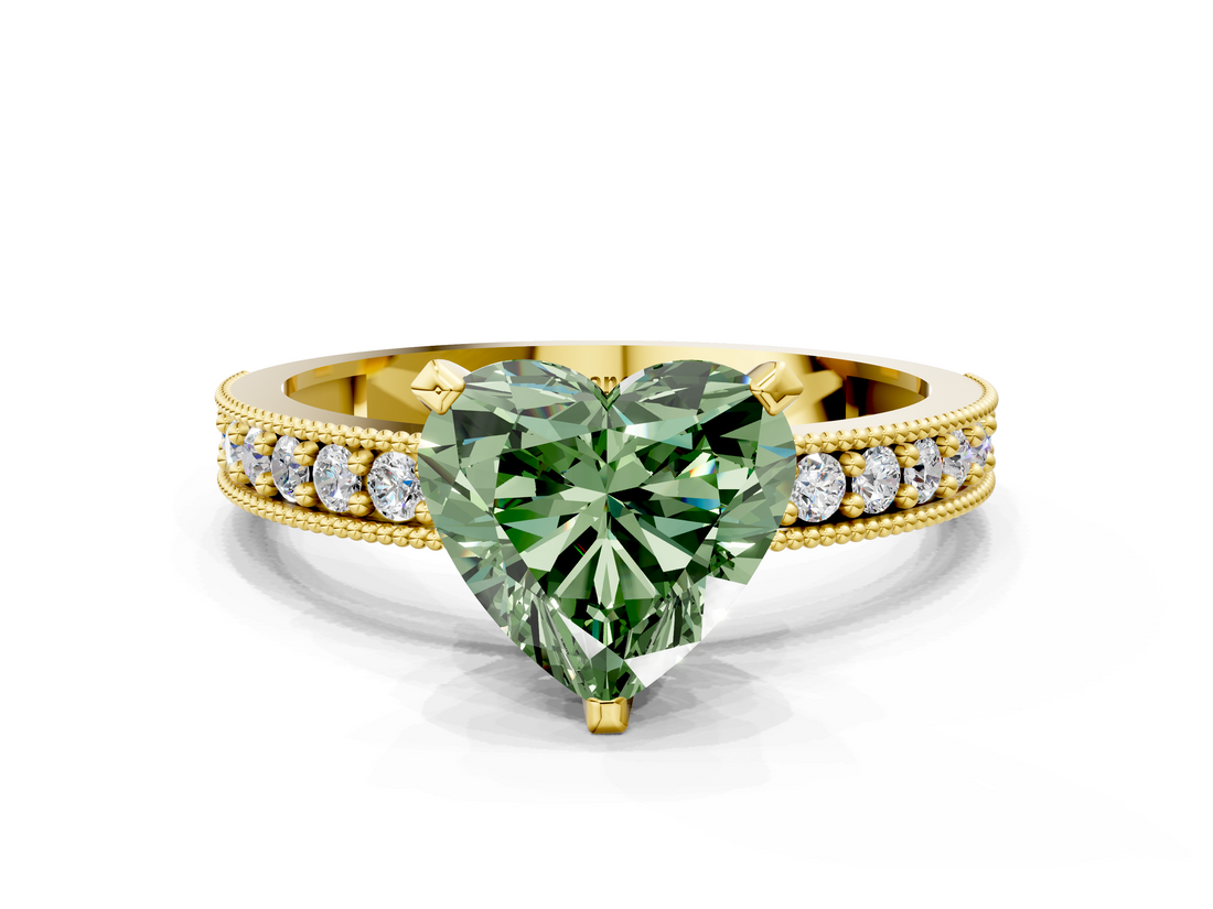 Yellow gold Fancy Green Heart  Milgrain Pave Diamond Engagement Ring with Four-Prong Setting