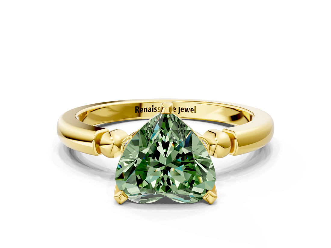 Yellow gold Fancy Green Heart  Solitaire Beaded Band with Four-Prong Setting
