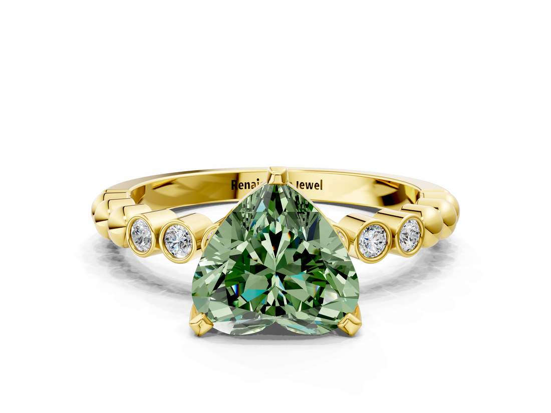 Yellow gold Fancy Green Heart  Solitaire Bezel Accent Diamond Engagement Ring with Beaded Band and Four-Prong Setting