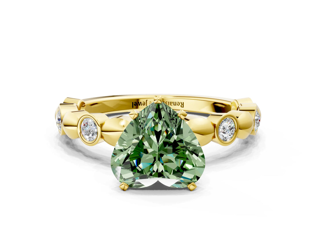 Yellow gold Fancy Green Heart  Solitaire Bezel-Set Diamond Ring with Beaded Band and Four-Prong Setting_28