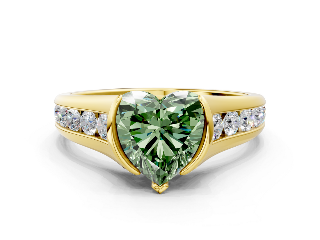 Yellow gold Fancy Green Heart  Solitaire Bezel-Set Diamond Ring with Channel-Set Band