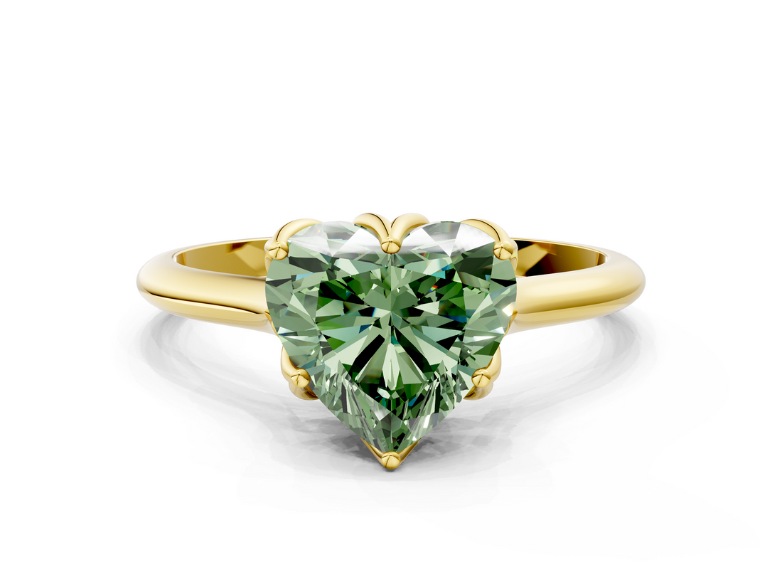 Yellow gold Fancy Green Heart  Solitaire Cathedral Diamond Ring with Six-Prong Setting