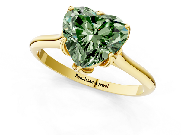 Yellow gold Fancy Green Heart  Solitaire Cathedral Diamond Ring with Six-Prong Setting