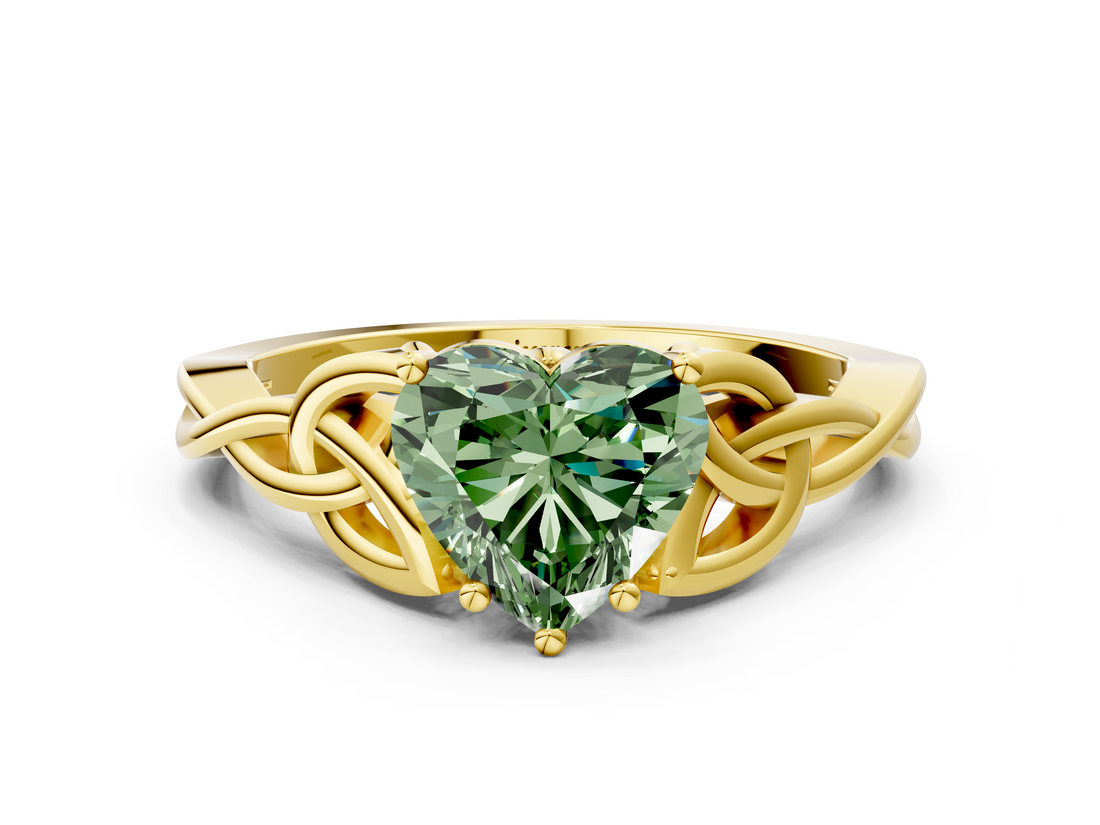 Yellow gold Fancy Green Heart  Solitaire Celtic Knot Engagement Ring with Four-Prong Setting