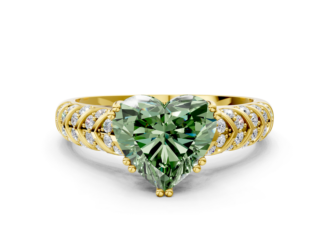 Yellow gold Fancy Green Heart  Solitaire Chevron Pave Diamond Engagement Ring with Six-Prong Setting