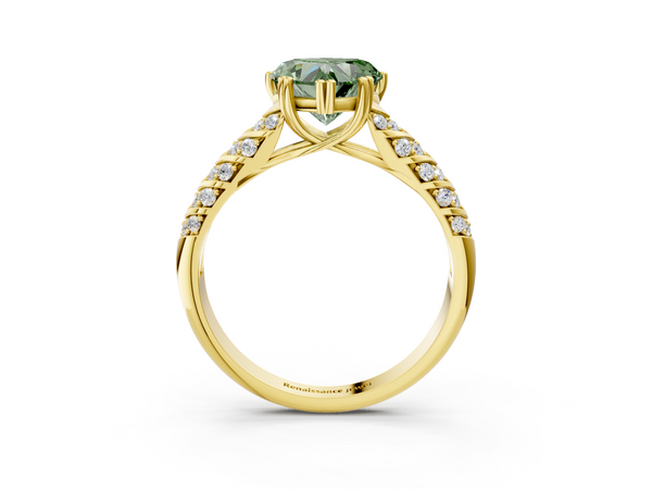 Yellow Gold Heart-Shaped Chevron Pave Solitaire Engagement Ring Setting for Fancy Green Center