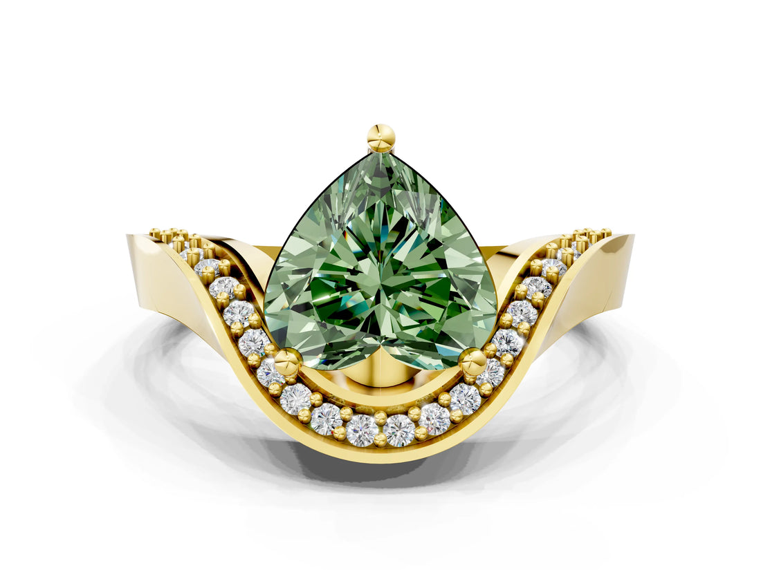Yellow gold Fancy Green Heart  Solitaire Diamond Engagement Ring with Pave Band and Four-Prong Setting 1