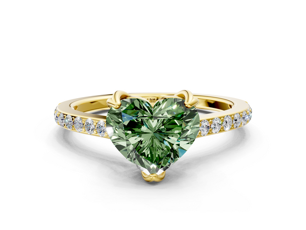 Yellow gold Fancy Green Heart  Solitaire Diamond Engagement Ring with Pave Band and Six-Prong Setting
