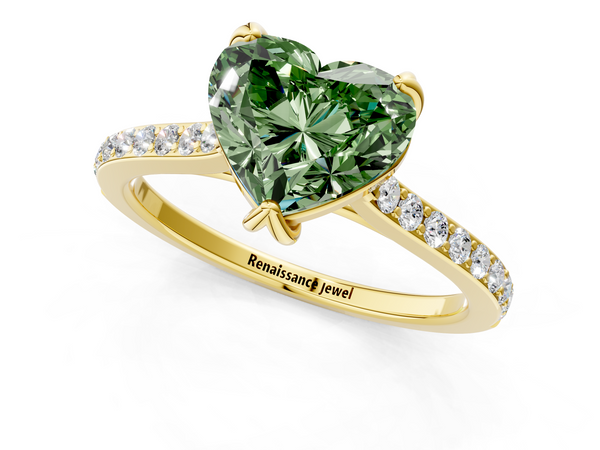 Yellow gold Fancy Green Heart  Solitaire Diamond Engagement Ring with Pave Band and Six-Prong Setting