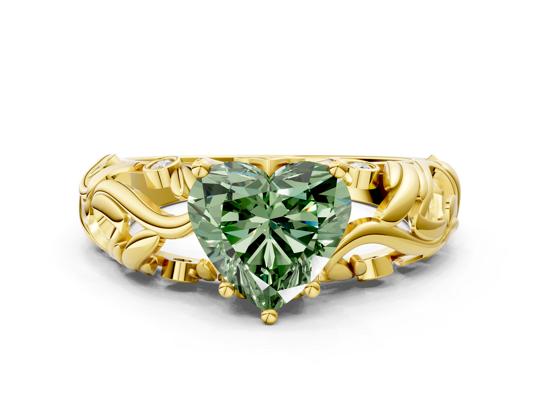 Yellow gold Fancy Green Heart  Solitaire Diamond Leaf Vine Band with Prong Setting