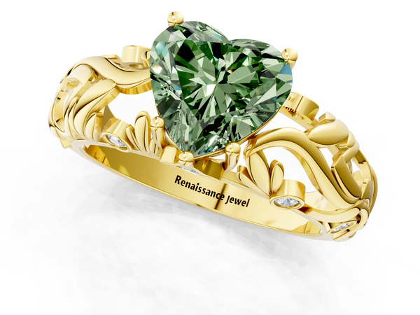 Yellow gold Fancy Green Heart Cut Solitaire Diamond Leaf-Inspired Vine Band Ring with Prong Setting
