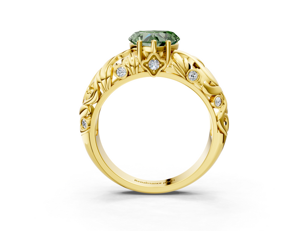Yellow gold Fancy Green Heart Cut Solitaire Diamond Leaf-Inspired Vine Band Ring with Prong Setting