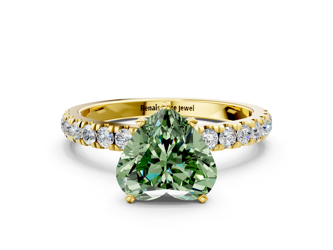 Yellow gold Fancy Green Heart  Solitaire Diamond Pavé Band with Four-Prong Setting