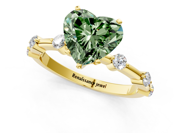 Yellow gold Fancy Green Heart  Solitaire Diamond Ring with Bezel Set Side Stones and Prong Setting