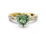 Yellow gold Fancy Green Heart  Solitaire Diamond Ring with Channel-Set Baguette Band and Four-Prong Setting