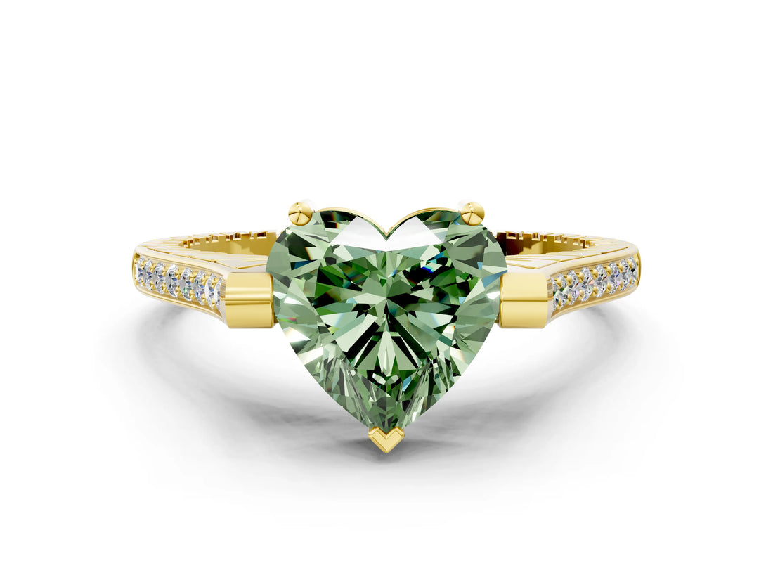 Yellow gold Fancy Green Heart  Solitaire Diamond Ring with Channel Set Band and Bezel Prong Setting_55