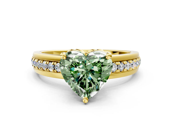 Yellow gold Fancy Green Heart  Solitaire Diamond Ring with Channel Set Band and Six-Prong Setting