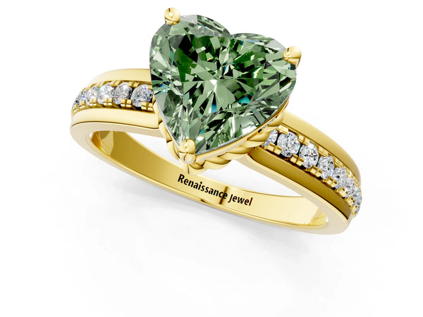Yellow gold Fancy Green Heart  Solitaire Diamond Ring with Channel Set Band and Six-Prong Setting