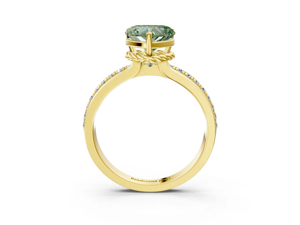 Yellow gold Fancy Green Heart  Solitaire Diamond Ring with Channel Set Band and Six-Prong Setting