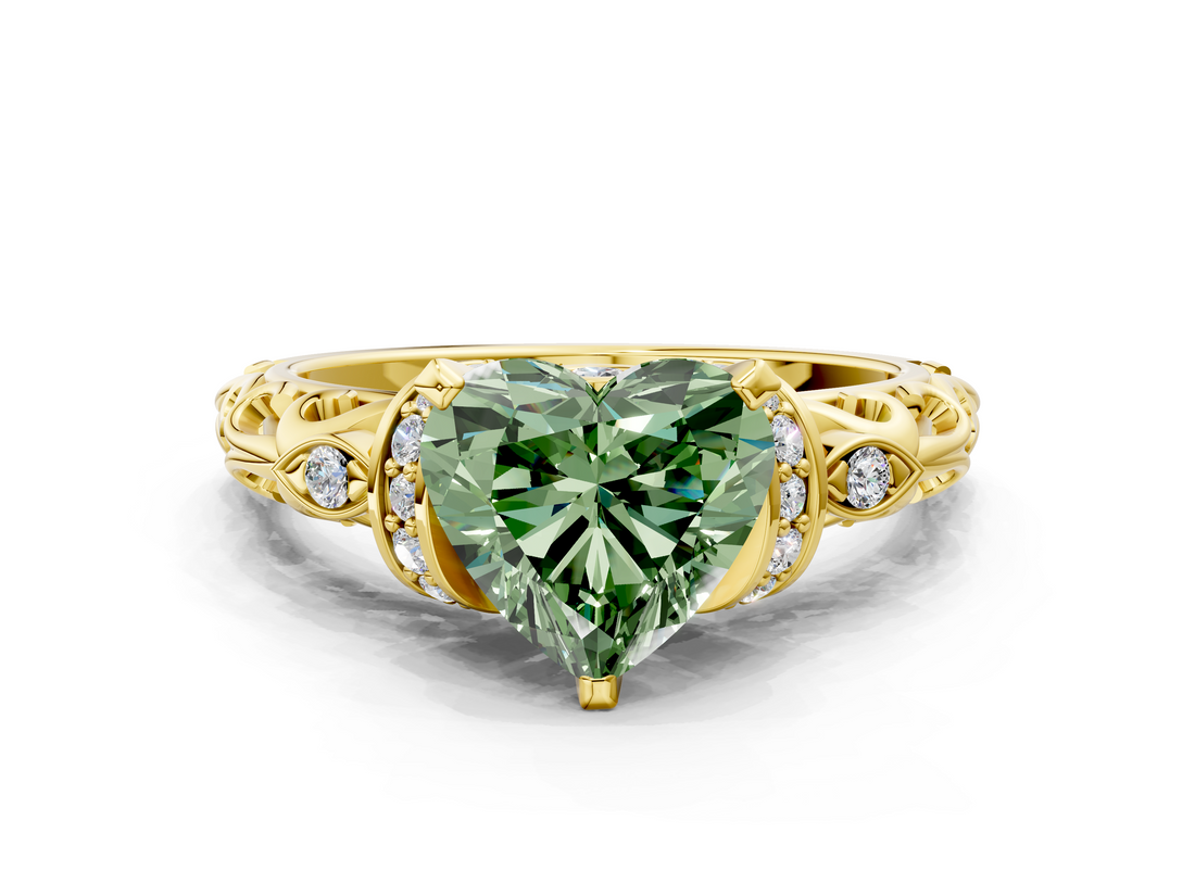 Yellow gold Fancy Green Heart  Solitaire Diamond Ring with Filigree Band and Four-Prong Setting