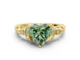 Yellow gold Fancy Green Heart  Solitaire Diamond Ring with Filigree Band and Four-Prong Setting