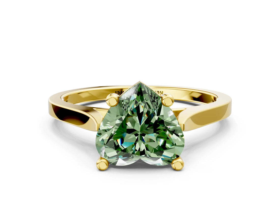Yellow gold Fancy Green Heart  Solitaire Diamond Ring with Four-Prong Setting and Tapered Band 1