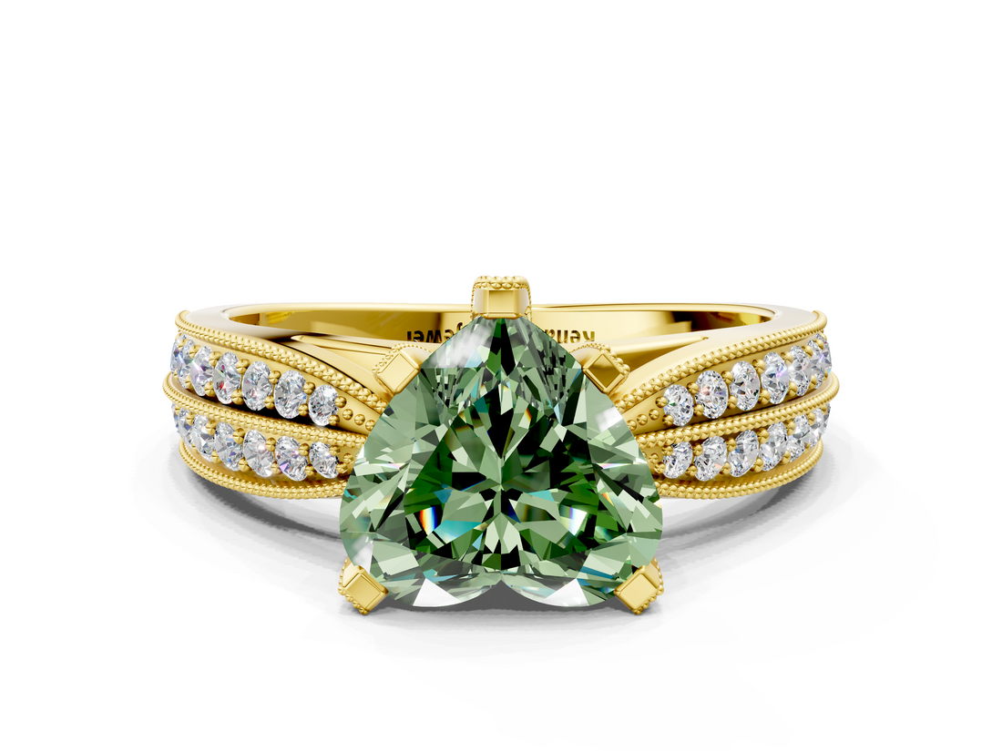 Yellow gold Fancy Green Heart  Solitaire Diamond Ring with Milgrain Pavé Band and Four-Prong Setting_20