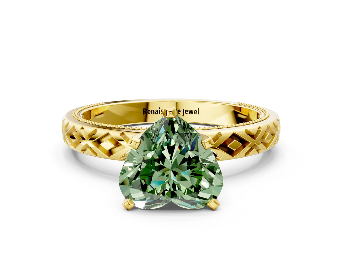 Yellow gold Fancy Green Heart  Solitaire Diamond Ring with Milgrain and Black Enamel X Pattern Band_29