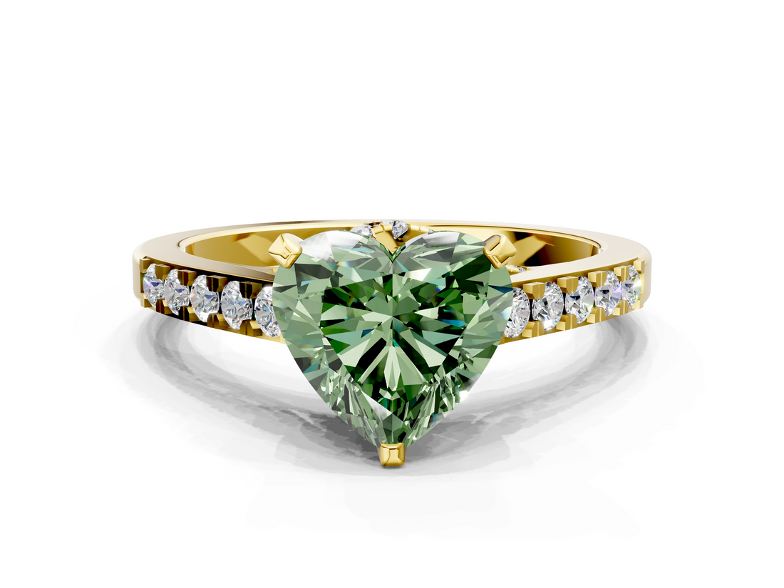 Yellow gold Fancy Green Heart  Solitaire Diamond Ring with Pavé Band and Four-Prong Setting