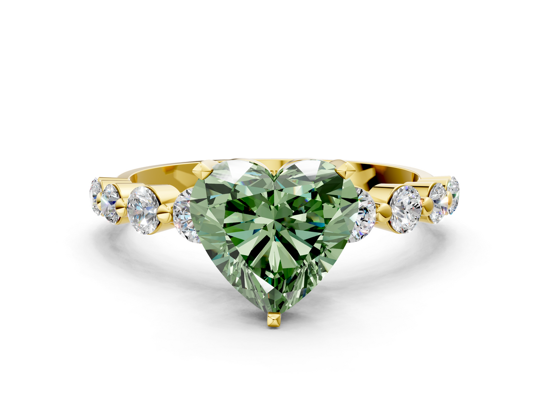 Yellow gold Fancy Green Heart  Solitaire Diamond Ring with Pave Band and Four-Prong Setting
