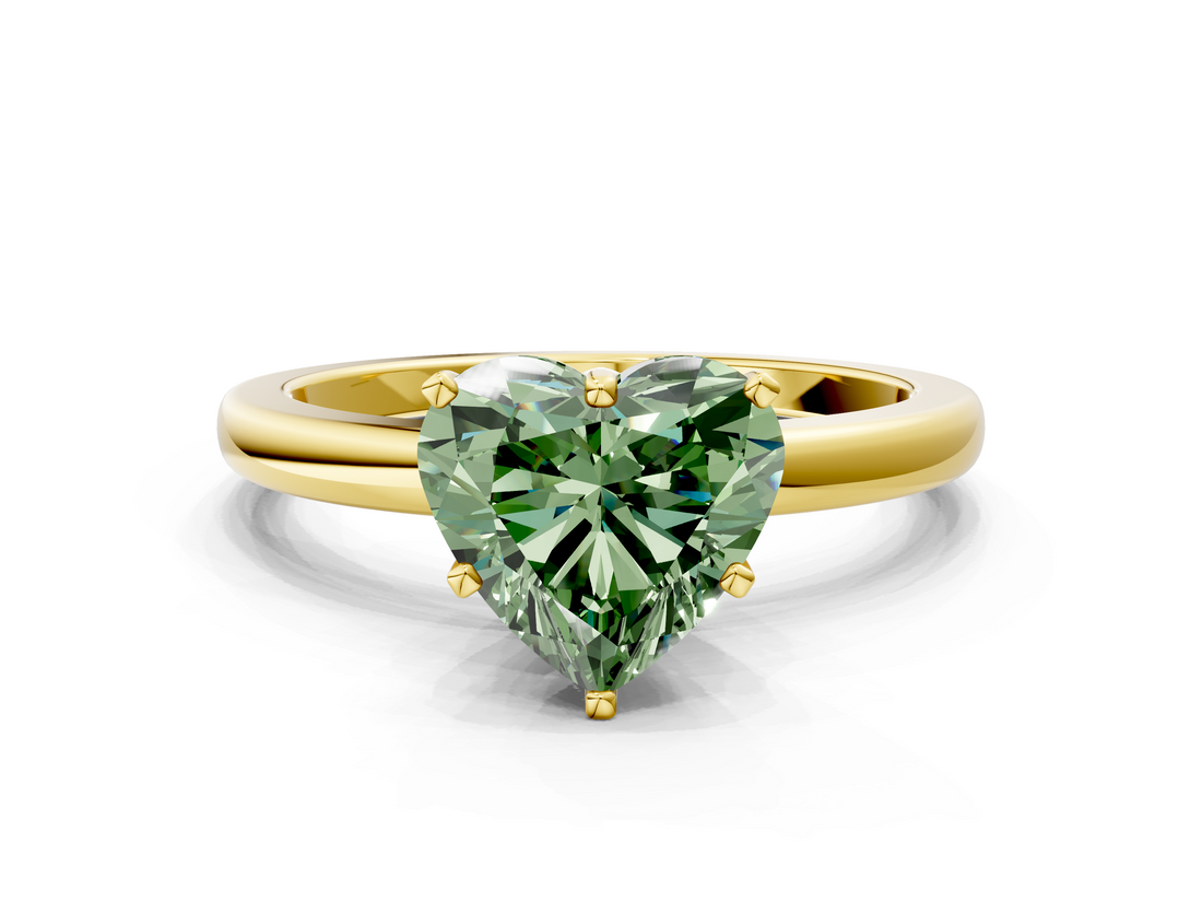Yellow gold Fancy Green Heart  Solitaire Diamond Ring with Six-Prong Setting on a Classic Band