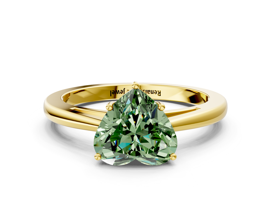 Yellow gold Fancy Green Heart  Solitaire Diamond Ring with Split Shank and Four-Prong Setting