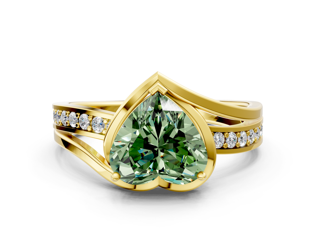 Yellow gold Fancy Green Heart  Solitaire Diamond Ring with Split Shank and Prong Setting_34