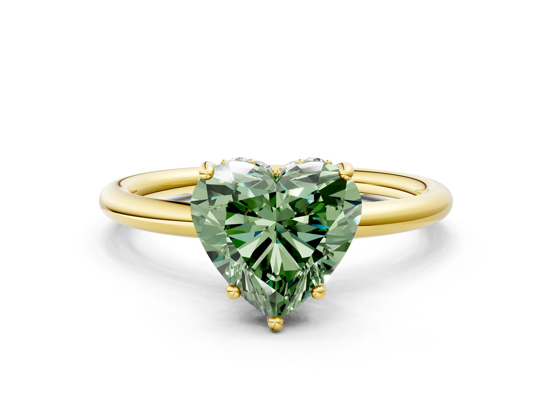 Yellow gold Fancy Green Heart  Solitaire Diamond Ring with a Classic Band and Four-Prong Setting 1