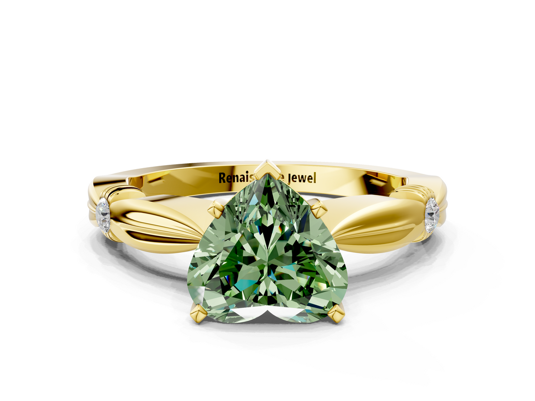 Yellow gold Fancy Green Heart  Solitaire Diamond Twisted Band with Four-Prong Setting
