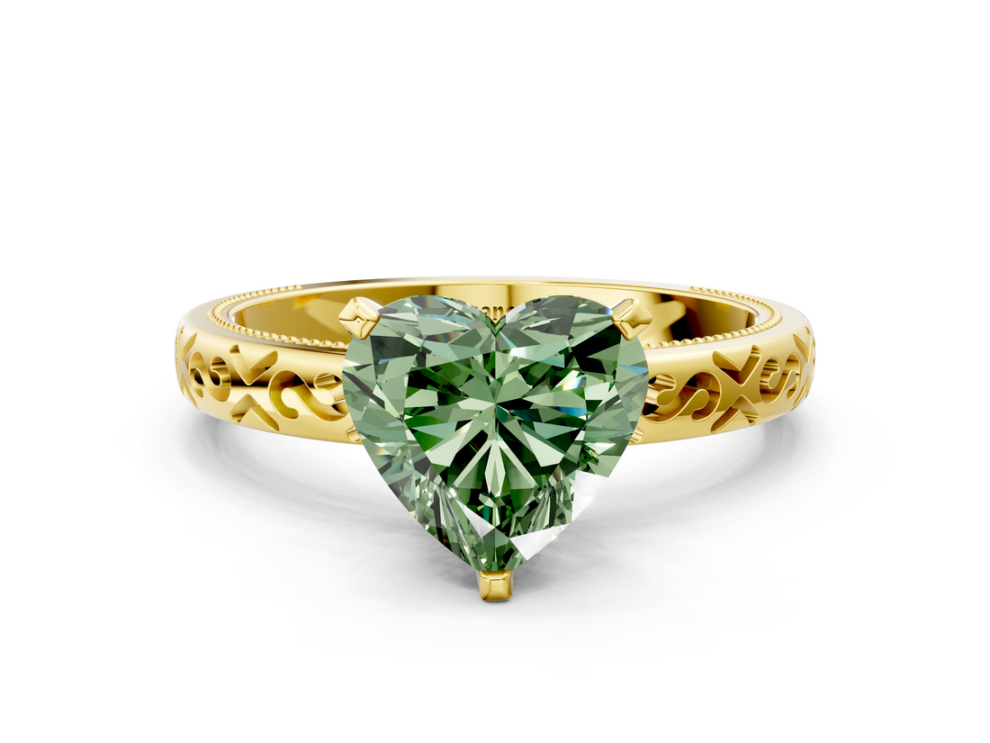 Yellow gold Fancy Green Heart  Solitaire Engagement Ring with Scrollwork Band and Four-Prong Setting