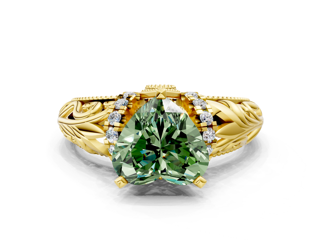 Yellow gold Fancy Green Heart  Solitaire Filigree Engagement Ring with Halo and Prong Setting
