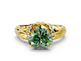 Yellow gold Fancy Green Heart  Solitaire Filigree Engagement Ring with Halo and Prong Setting
