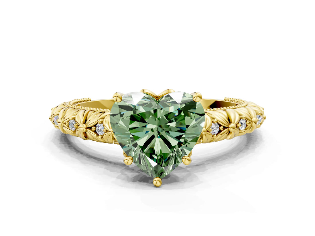 Yellow gold Fancy Green Heart  Solitaire Floral Milgrain Engagement Ring_50